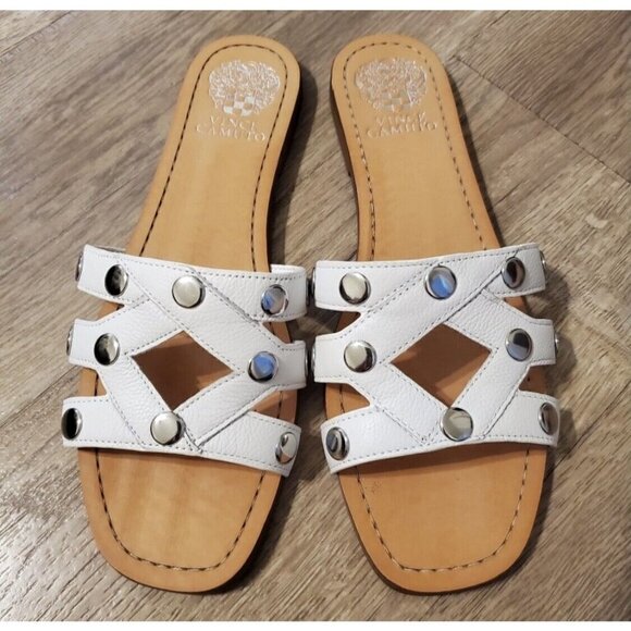 Vince Camuto Sz 7 M White Leather Studded Sandals Slides Flip Flop Womens - Picture 1 of 12